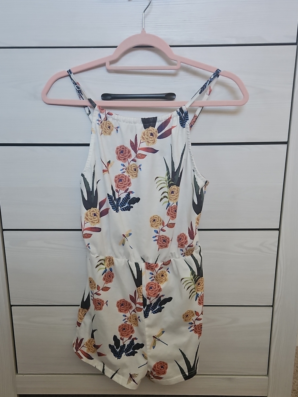 SHEIN White Floral Strap Romper with Multicolor Print